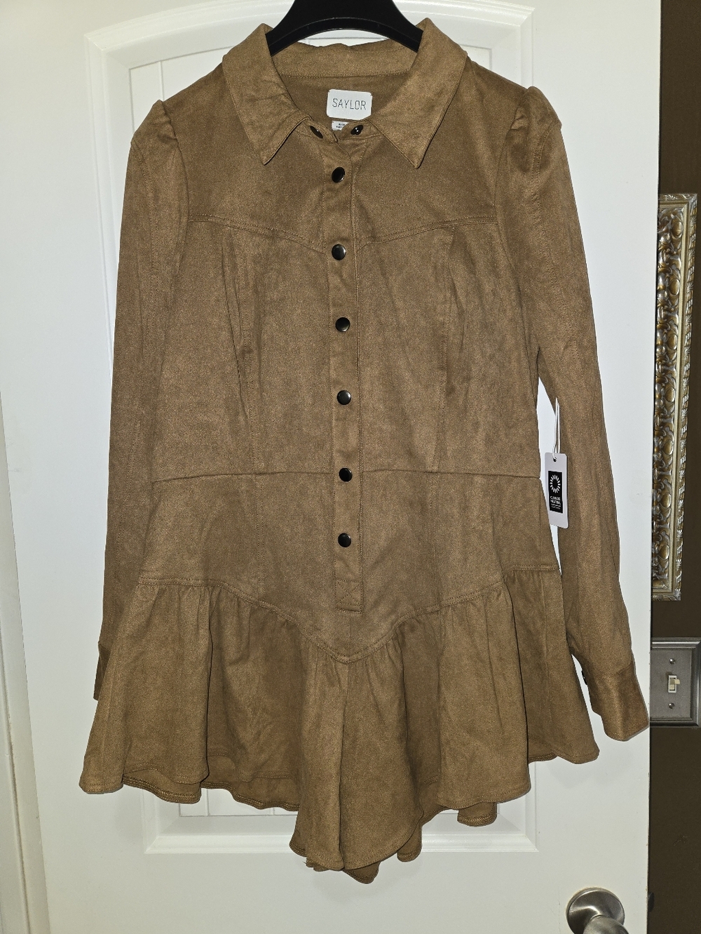 NWT Anthropologie - SAYLOR Brown Authentic Suede Snap-Up Long Sleeve Romper